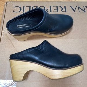 UO BDG Black Leather Clogs with Wooden Heel Sz. 6
